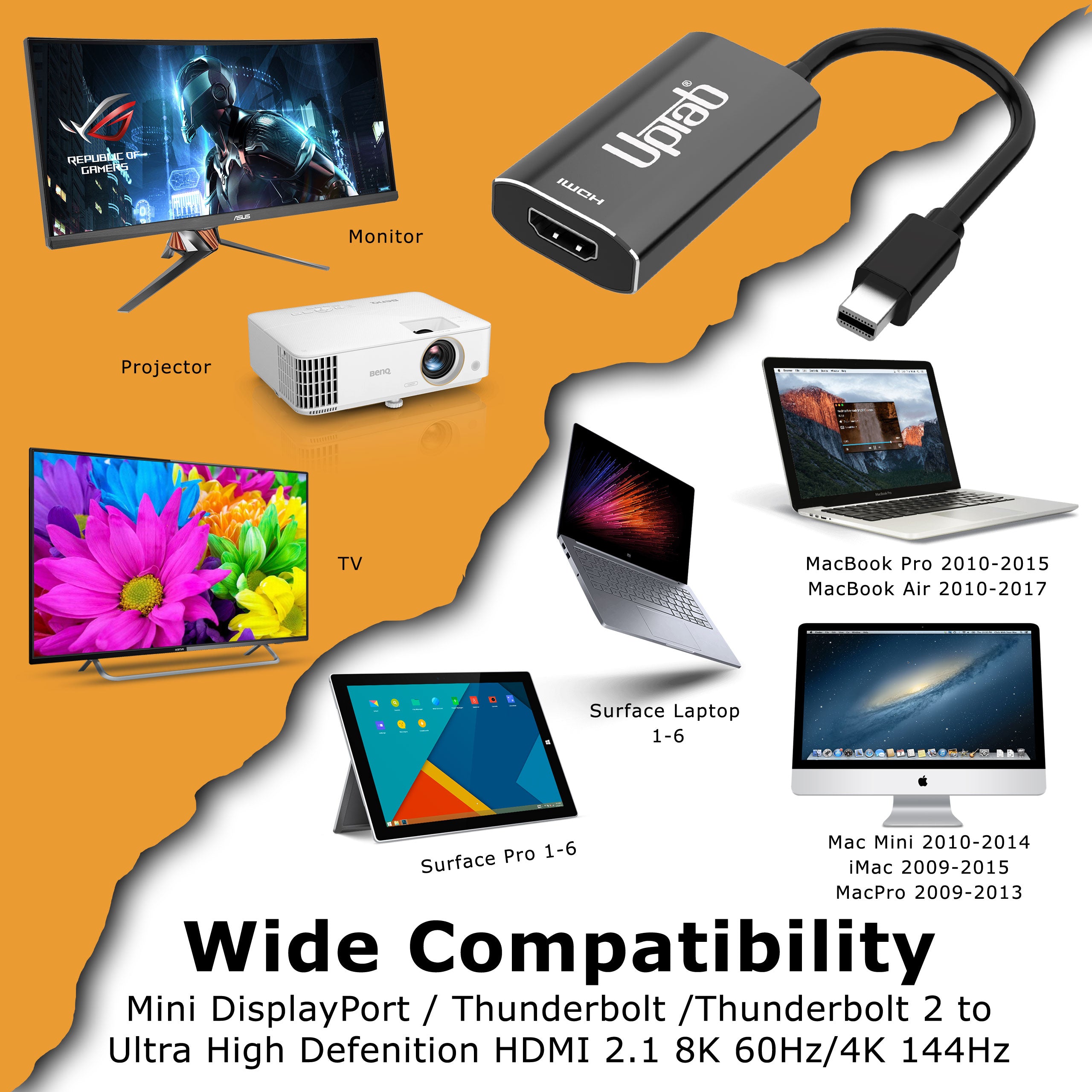UPTab Mini DisplayPort to HDMI 2.1 8K 60Hz adapter compatibility with various devices on an orange and white background