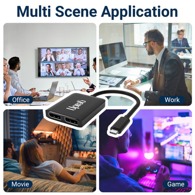 Seamless multi-monitor connectivity with the UPTab USB-C to Dual DisplayPort Adapter, featuring 8K and 4K display support.